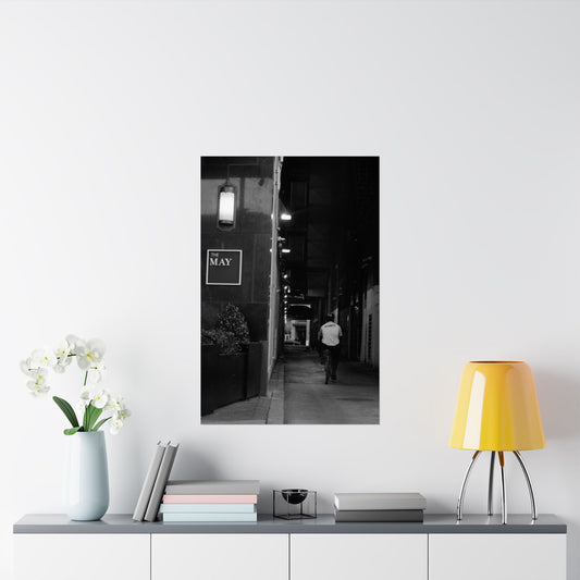 Poster Wall Art, Matte Vertical Decor, Security Riding Down City Alley May Street Scene Print, Urban Home Office Decor, Unique Gift Idea,